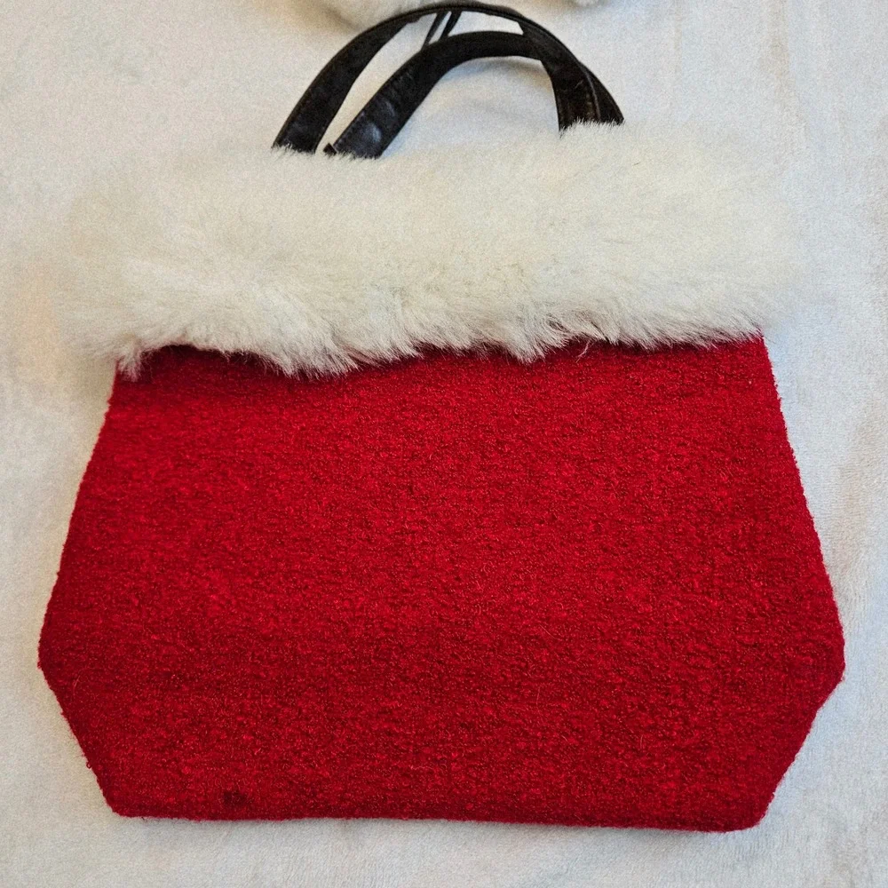 Bath Body Works Womens Red White Faux Fur Pom Pom Holiday Tote Bag Small Festive